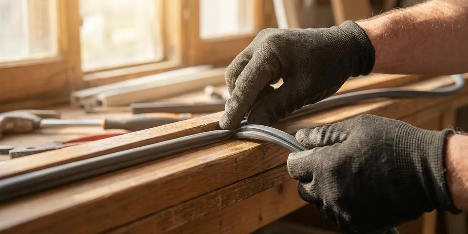Fresh weatherstrip seal being seated into a window sash channel to fix a drafty window