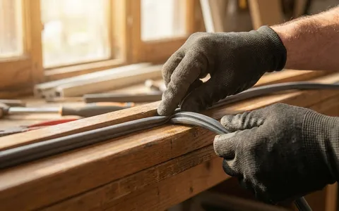 Fresh weatherstrip seal being seated into a window sash channel to fix a drafty window