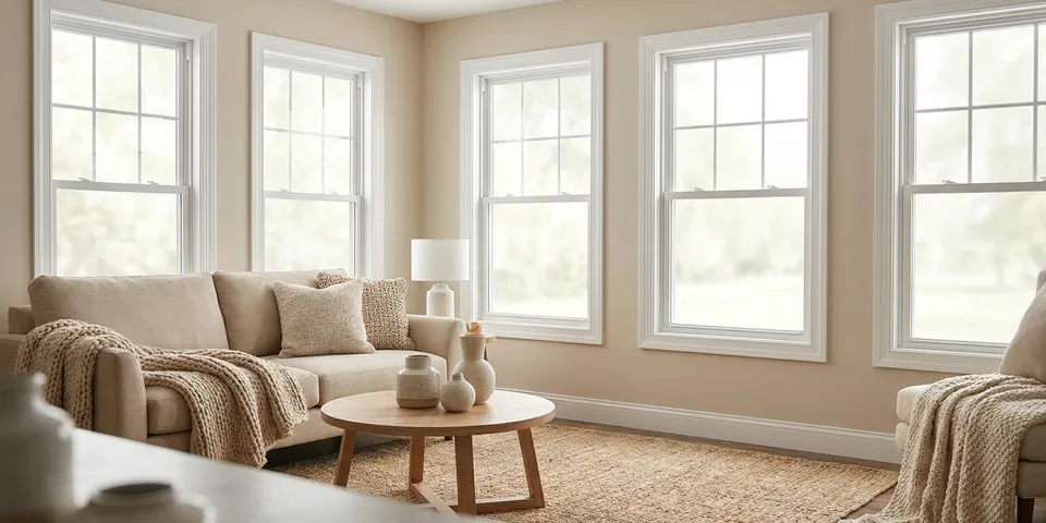 Affordable white vinyl replacement windows in a ranch home living room — Window World style repaired independently by WowFix