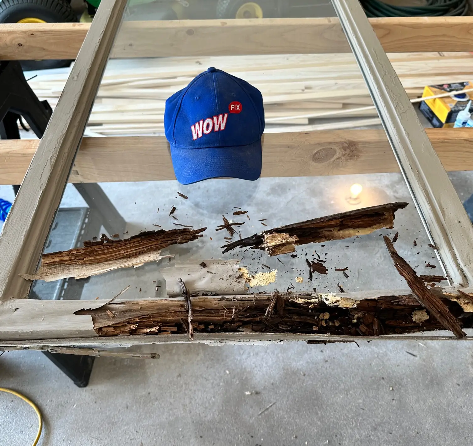 Decayed rotted window sash before repair: Illustrating the extent of damage and deterioration, highlighting the need for specialized restoration and replacement for improved functionality and visual appeal.