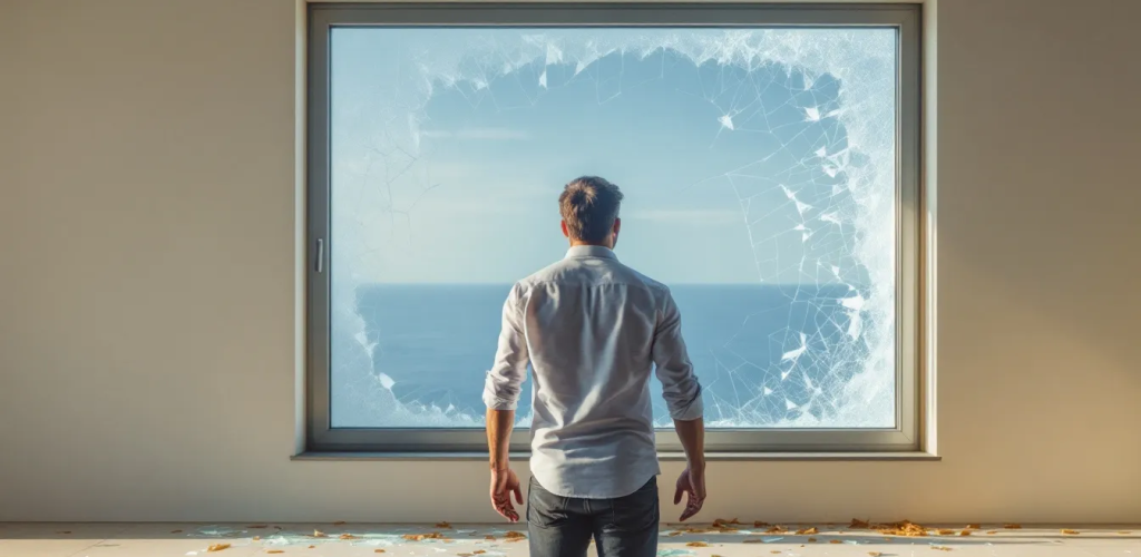 A homeowner inspecting a broken window before repair.