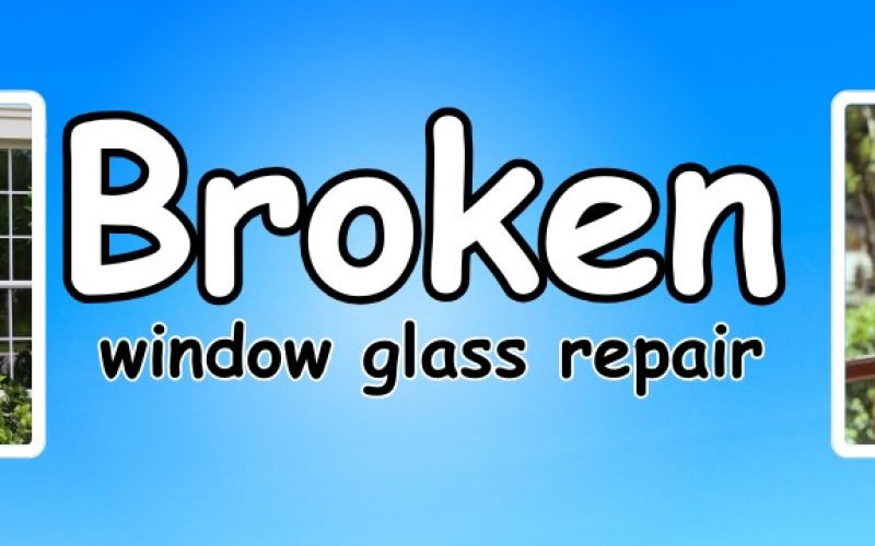 Professional window glass repair service banner showing residential windows and text against blue background