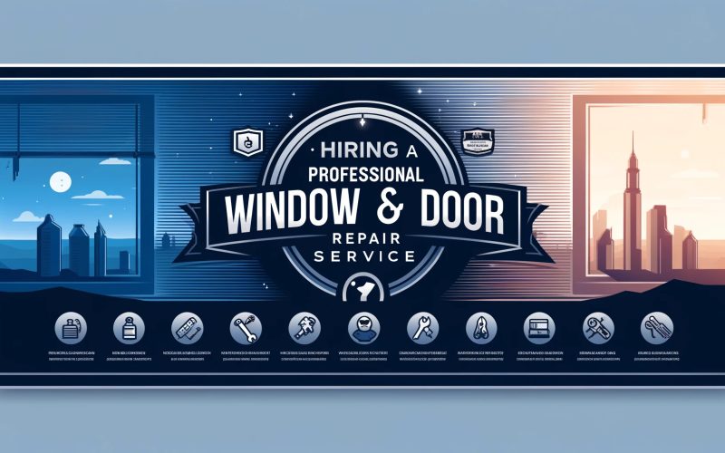 Professional window and door repair service banner with cityscape background and maintenance service icons for Charlotte homes and businesses