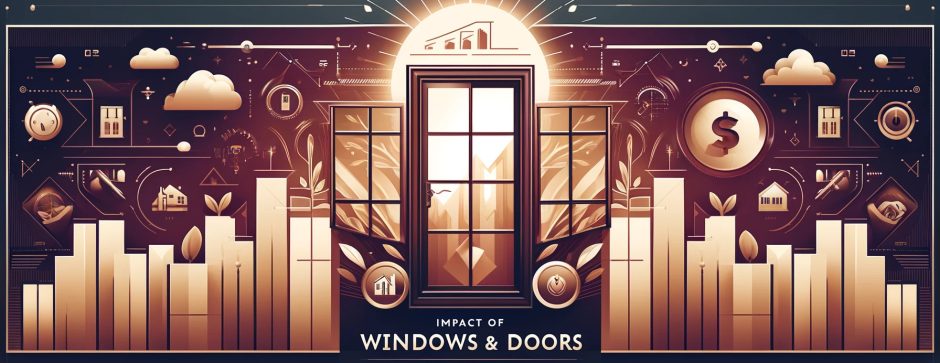 Artistic illustration showing the impact of windows and doors on home value with rising bar graphs and real estate metrics