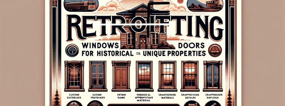 Vintage-style illustration showcasing historical window and door retrofitting services with Victorian architectural examples and designs