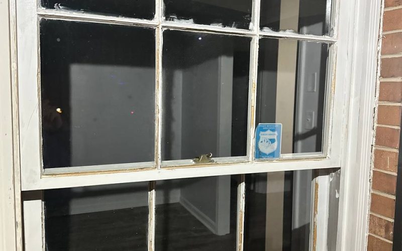 Aging 12-pane sash window with peeling paint and worn trim against brick exterior, showing signs needing professional window repair