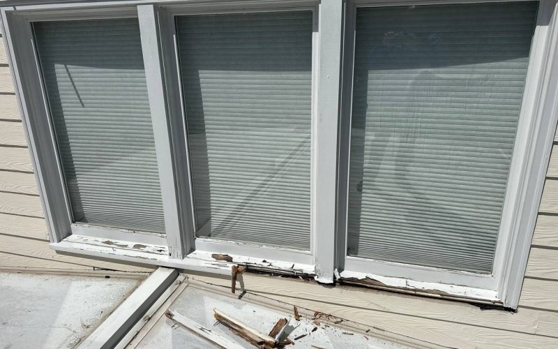 Severe window sill rot damage showing three windows with deteriorating wooden frames and splintered wood debris on concrete ledge