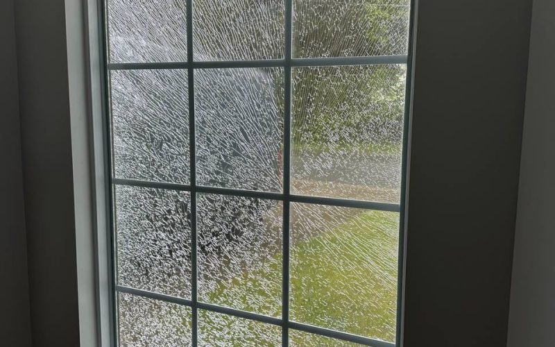Shattered residential window with safety glass showing characteristic spider-web cracking pattern, awaiting professional repair