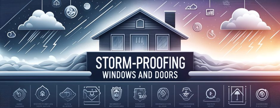 Professional storm-proofing services for residential windows and doors in Charlotte, featuring home protection illustration